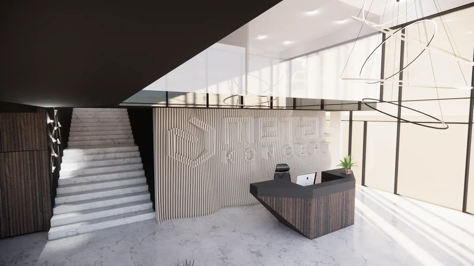 Recepcija s fasetiranim pultom, zidom od valovitih lamela s logotipom i mramornim stubištem